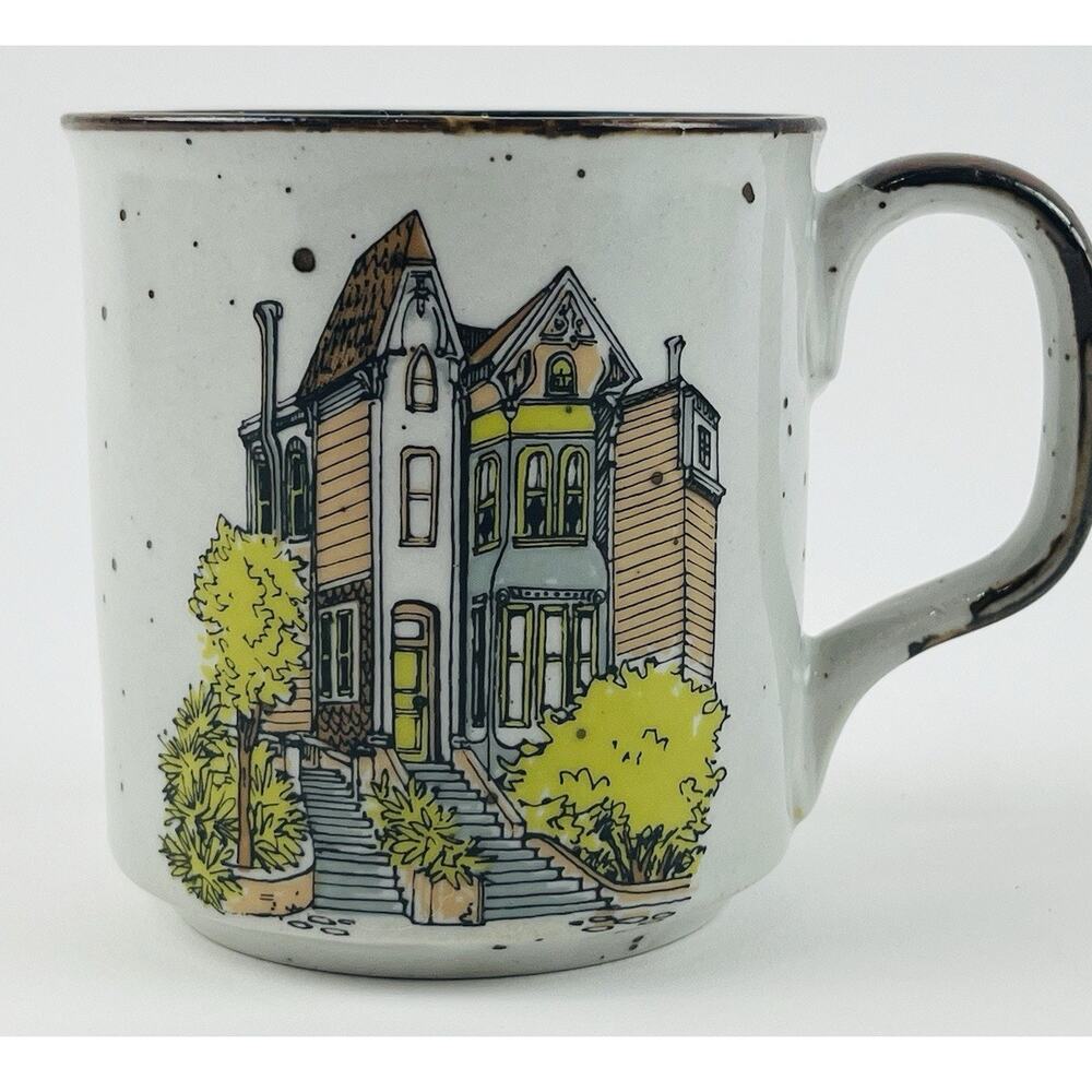 Vintage Stoneware Mug San Francisco Painted Ladies Victorian Houses Speckled Tre